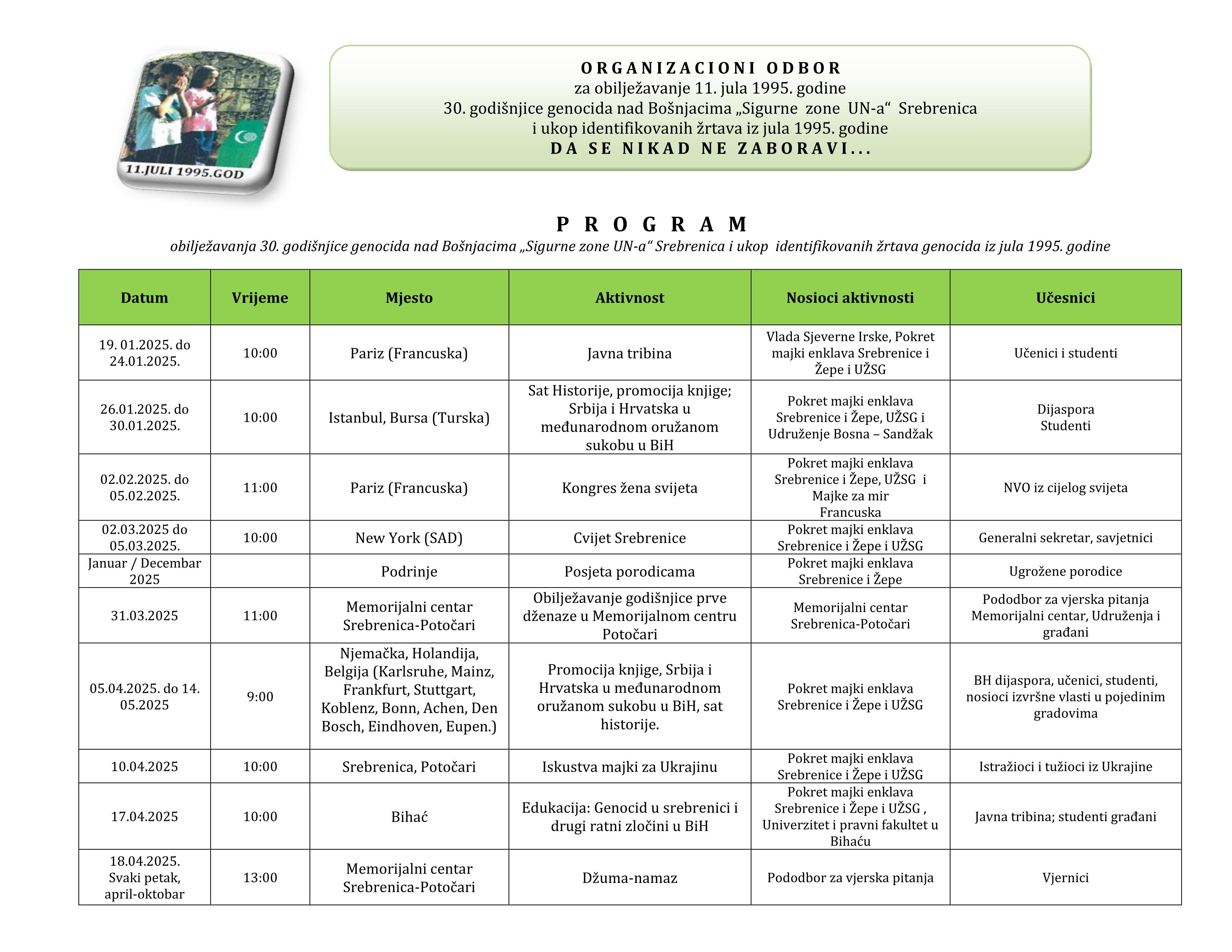 Program obilježavanja 30. godišnjice genocida nad Bošnjacima Sigurne zone UN a Srebrenica 01